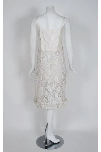 1971 Chanel Haute Couture White Tulip Novelty Lace & Satin Party Dress Ensemble