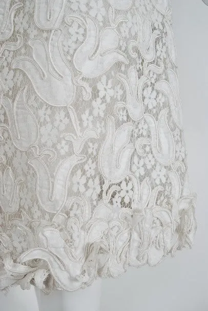 1971 Chanel Haute Couture White Tulip Novelty Lace & Satin Party Dress Ensemble
