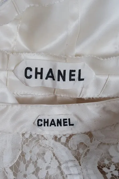 1971 Chanel Haute Couture White Tulip Novelty Lace & Satin Party Dress Ensemble