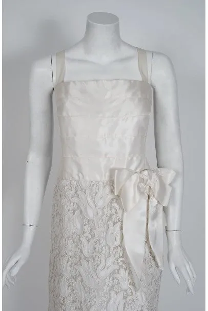 1971 Chanel Haute Couture White Tulip Novelty Lace & Satin Party Dress Ensemble