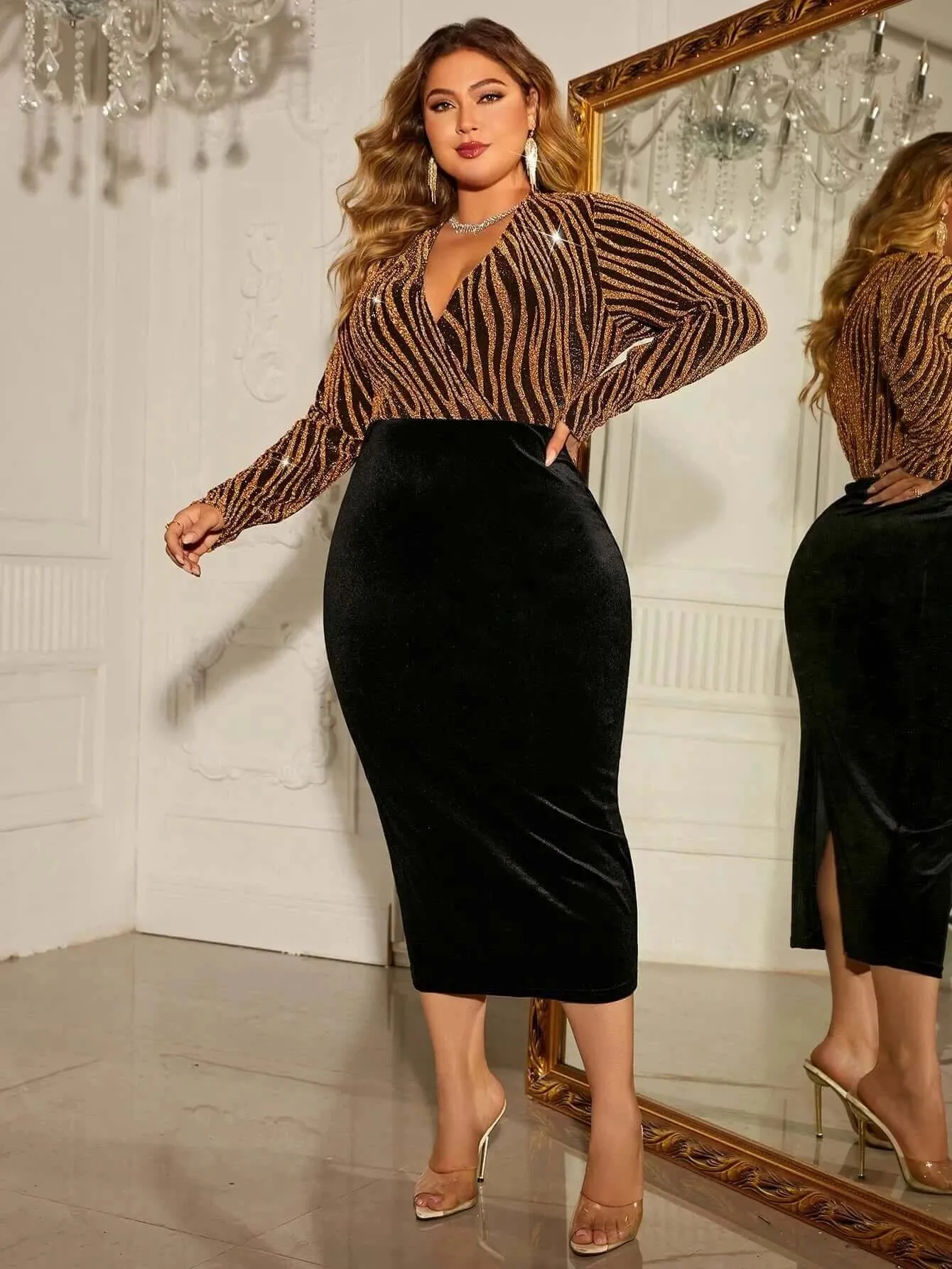 1XL 4XL Plus Size Dress Deep V Long Sleeve Sequins Wrap Party Dress