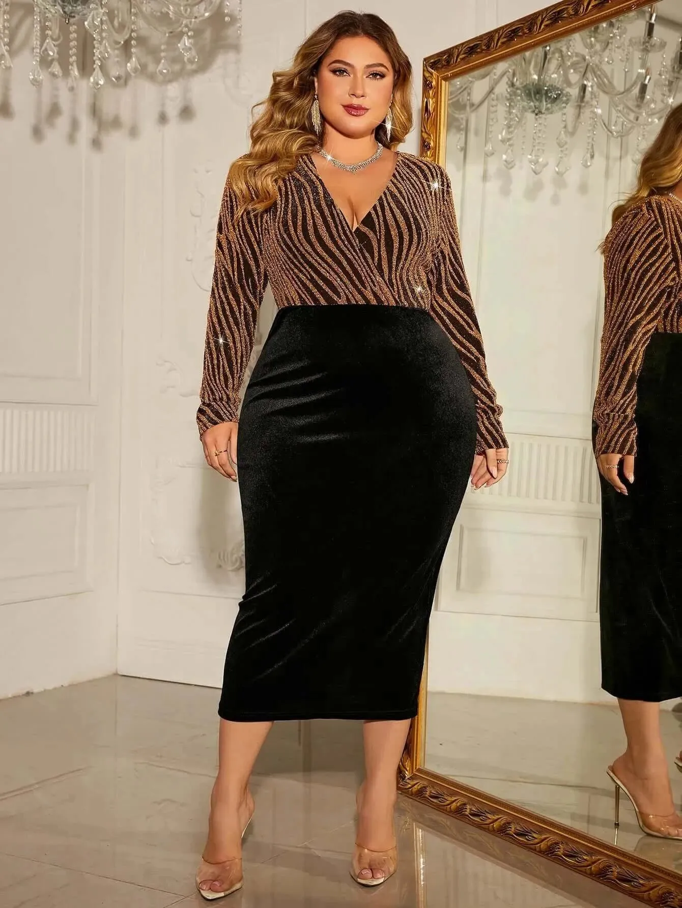 1XL 4XL Plus Size Dress Deep V Long Sleeve Sequins Wrap Party Dress