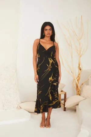 Black Printed Wrap Midi Dress