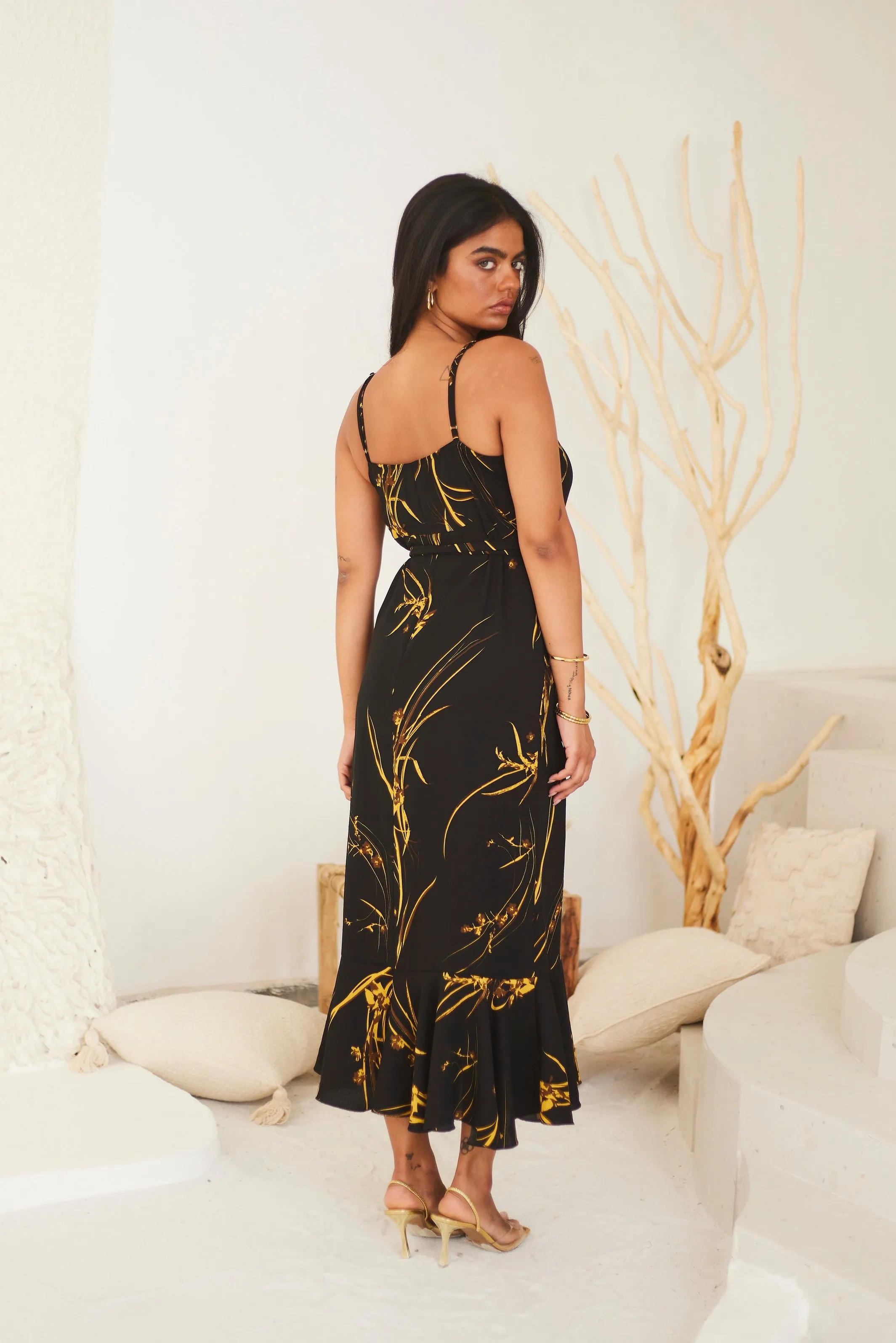Black Printed Wrap Midi Dress
