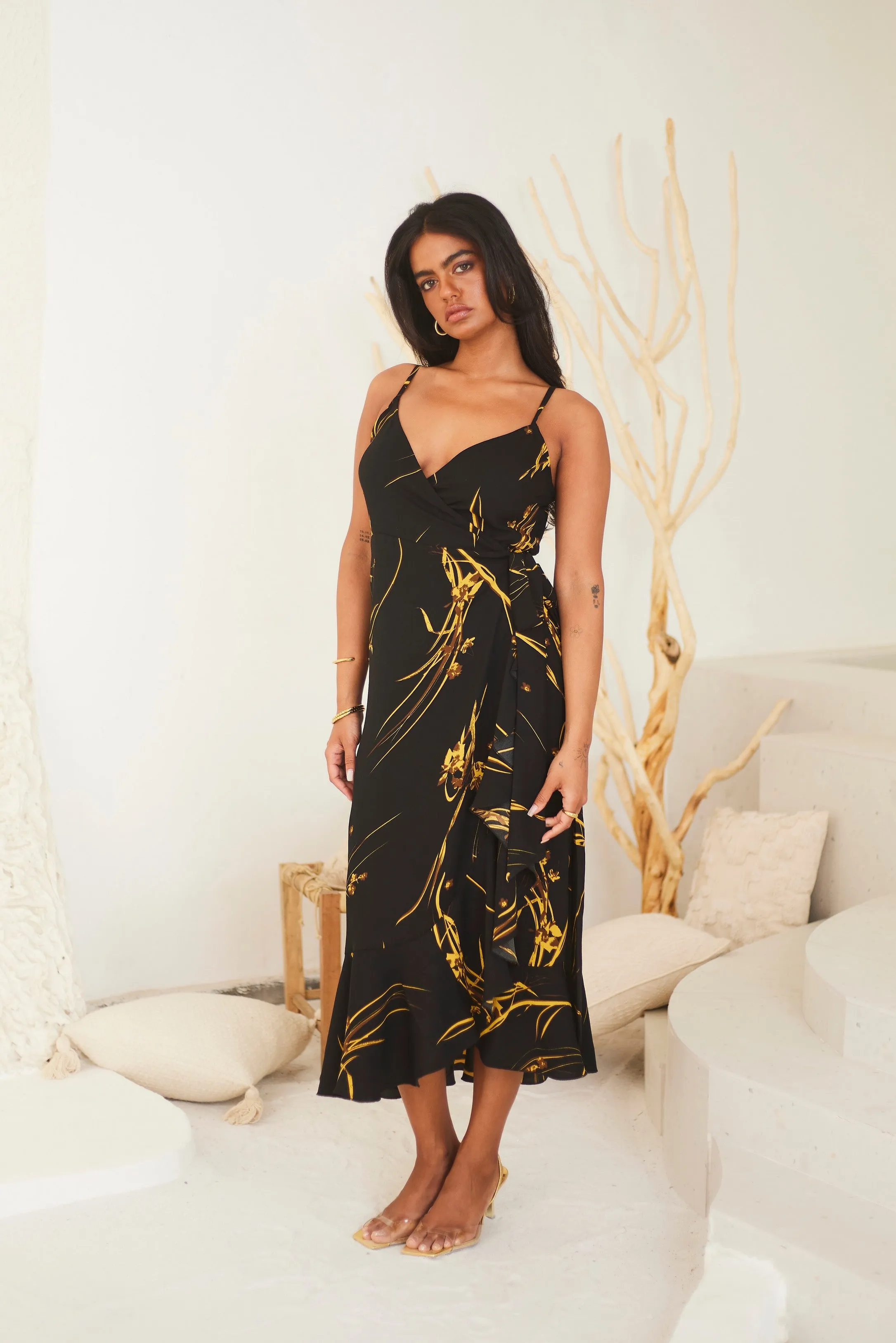 Black Printed Wrap Midi Dress