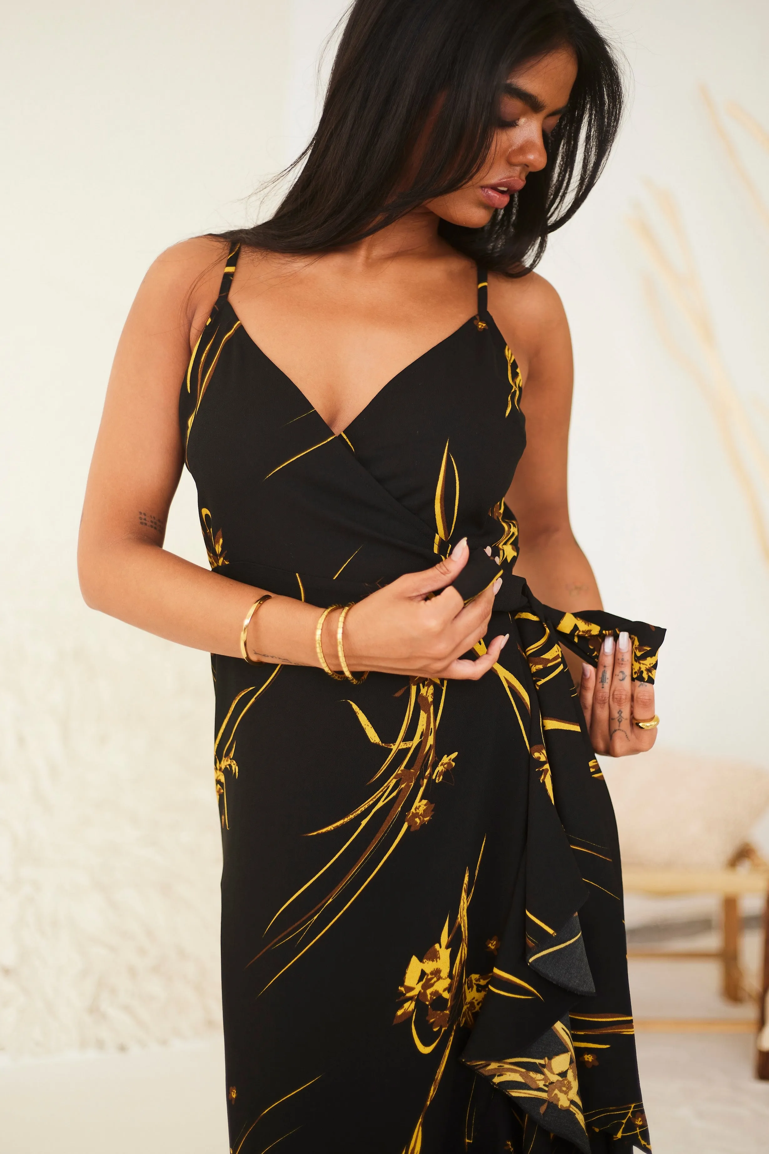 Black Printed Wrap Midi Dress