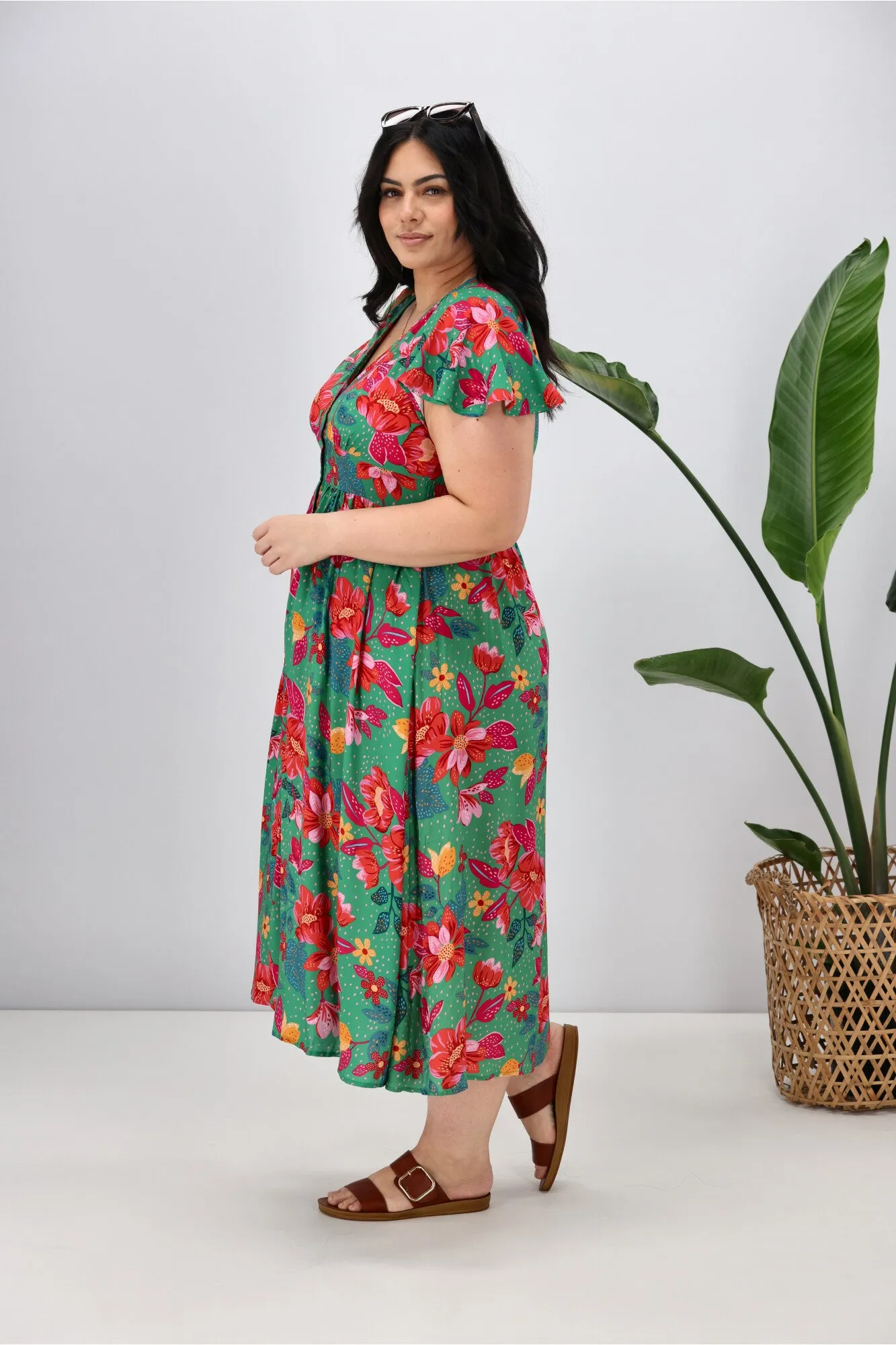 Boho Australia Alish Midi Dress Green Red Floral