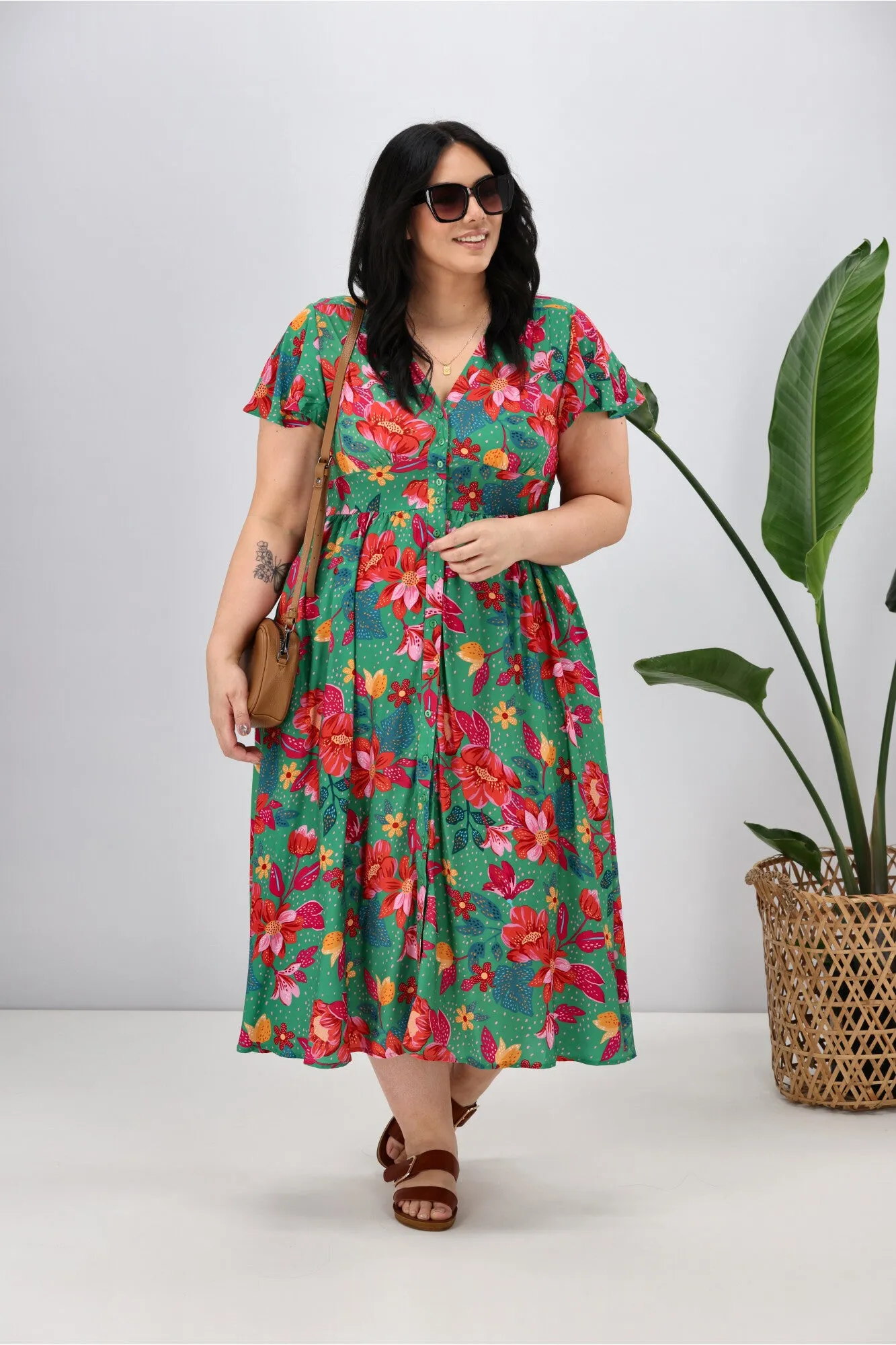 Boho Australia Alish Midi Dress Green Red Floral