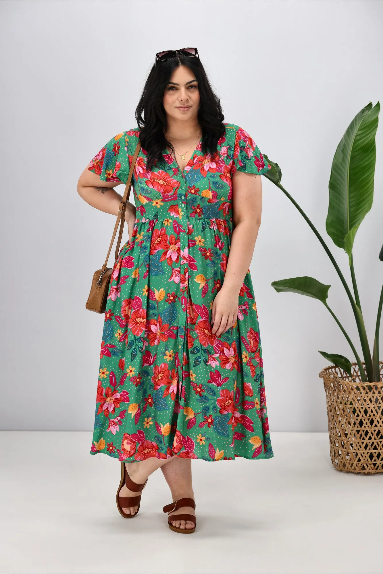 Boho Australia Alish Midi Dress Green Red Floral