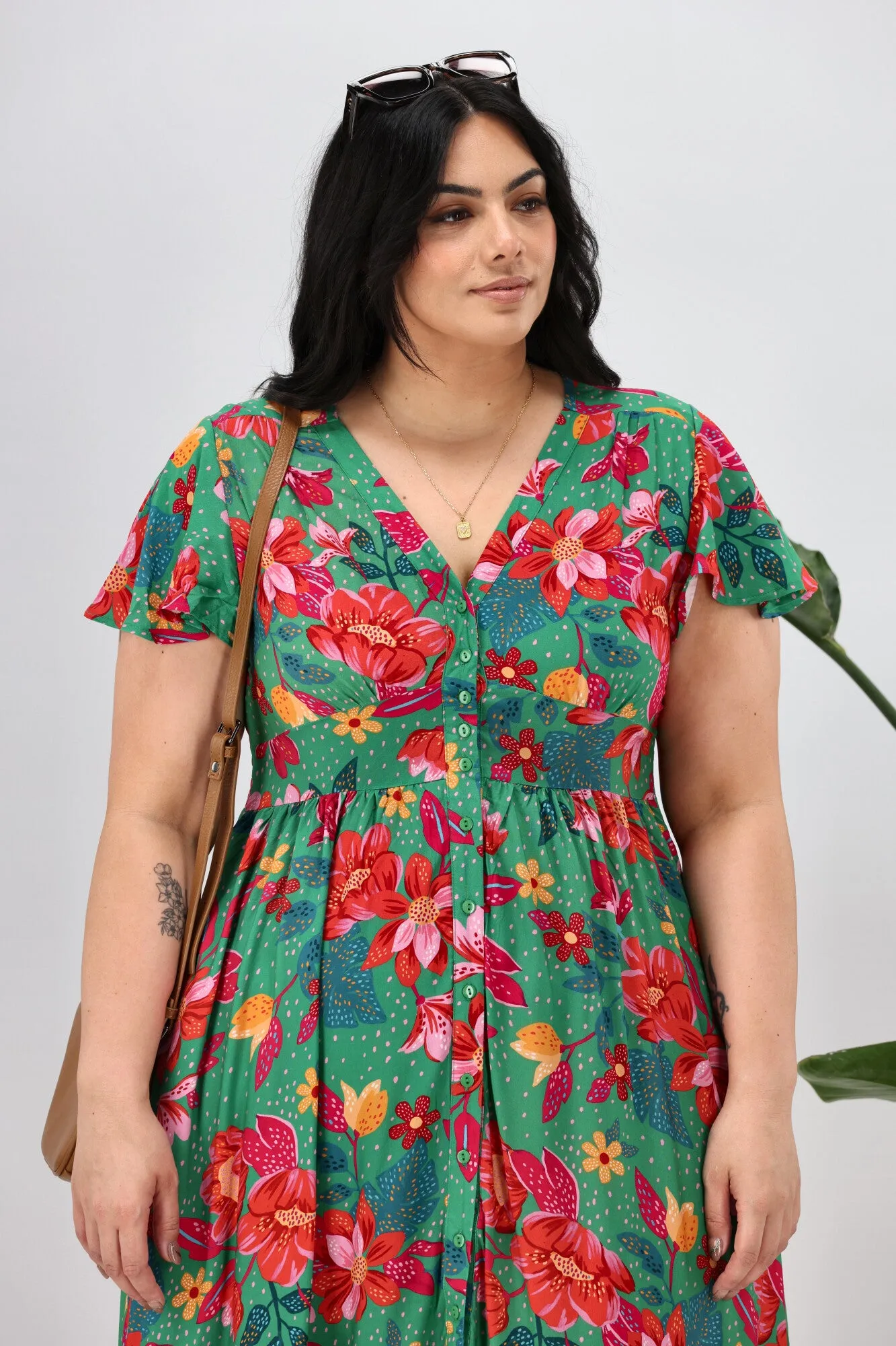 Boho Australia Alish Midi Dress Green Red Floral