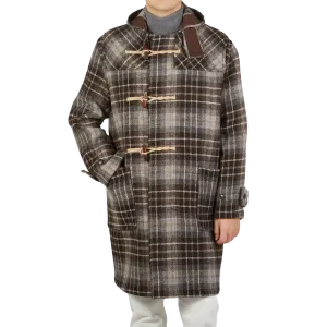 Brown Undyed Shepherds Check Wool Duffle Coat