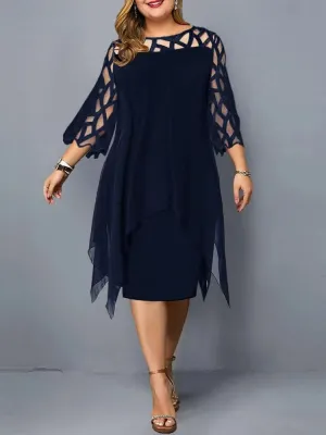 Elegant Midi Party Dress For Chubby Women Xxl O Neck Lace Sleeve Hollow Out Solid Sexy Women'S Clothing  Evening Dresses 2023