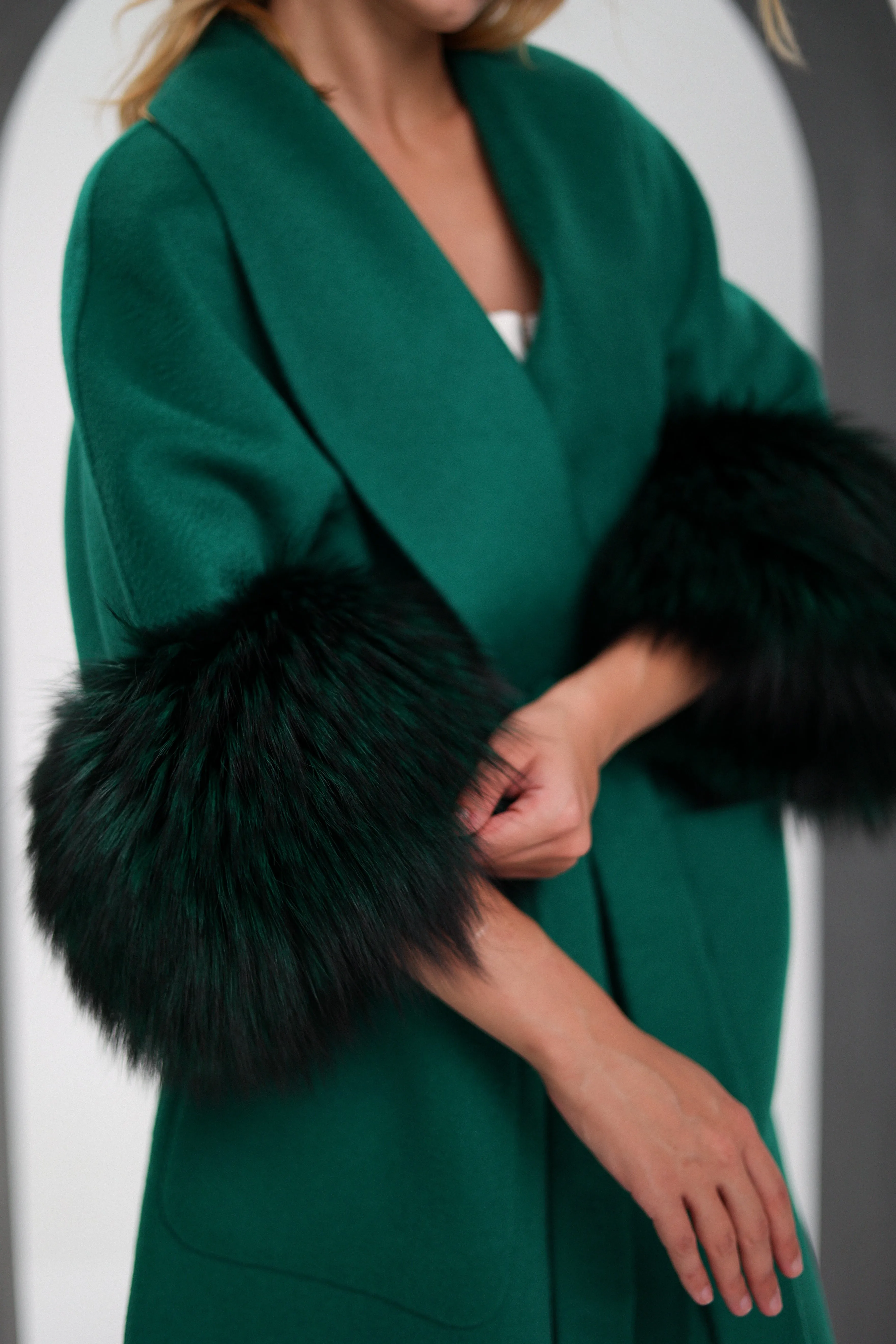 Genuine Silver Fox Trim Double-Face Wool Coat
