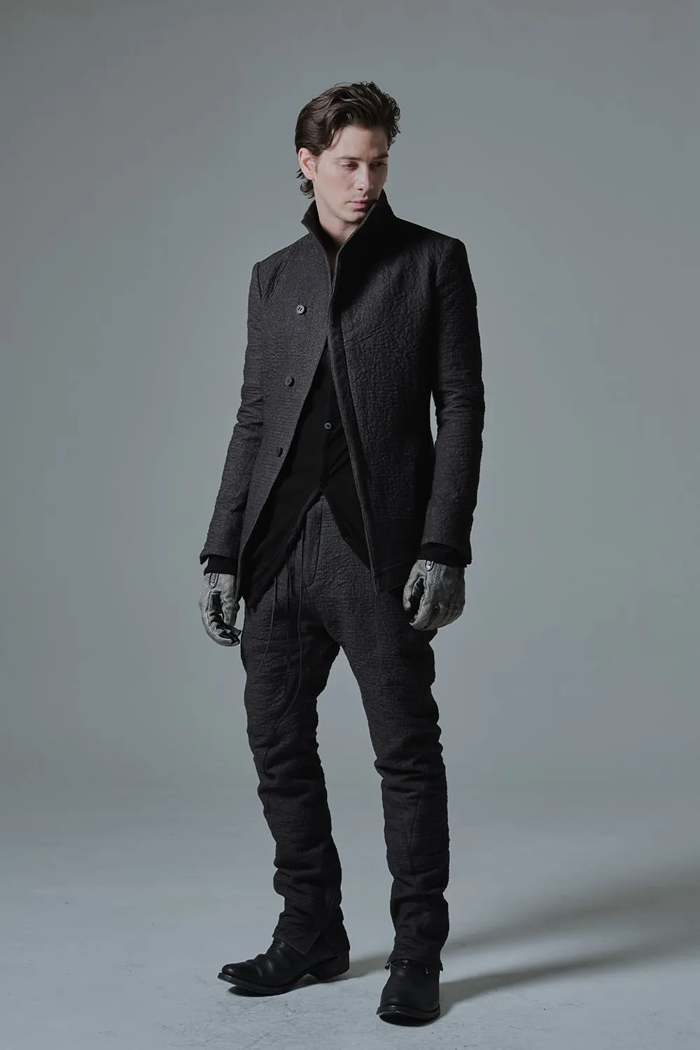 Hand dyed linen x Fleece needle punch High neck jacket Black - ST104-0049A