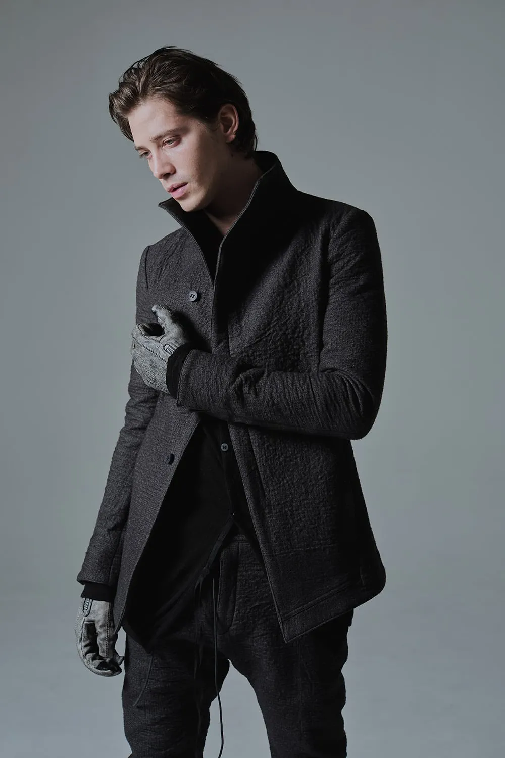 Hand dyed linen x Fleece needle punch High neck jacket Charcoal - ST104-0049A