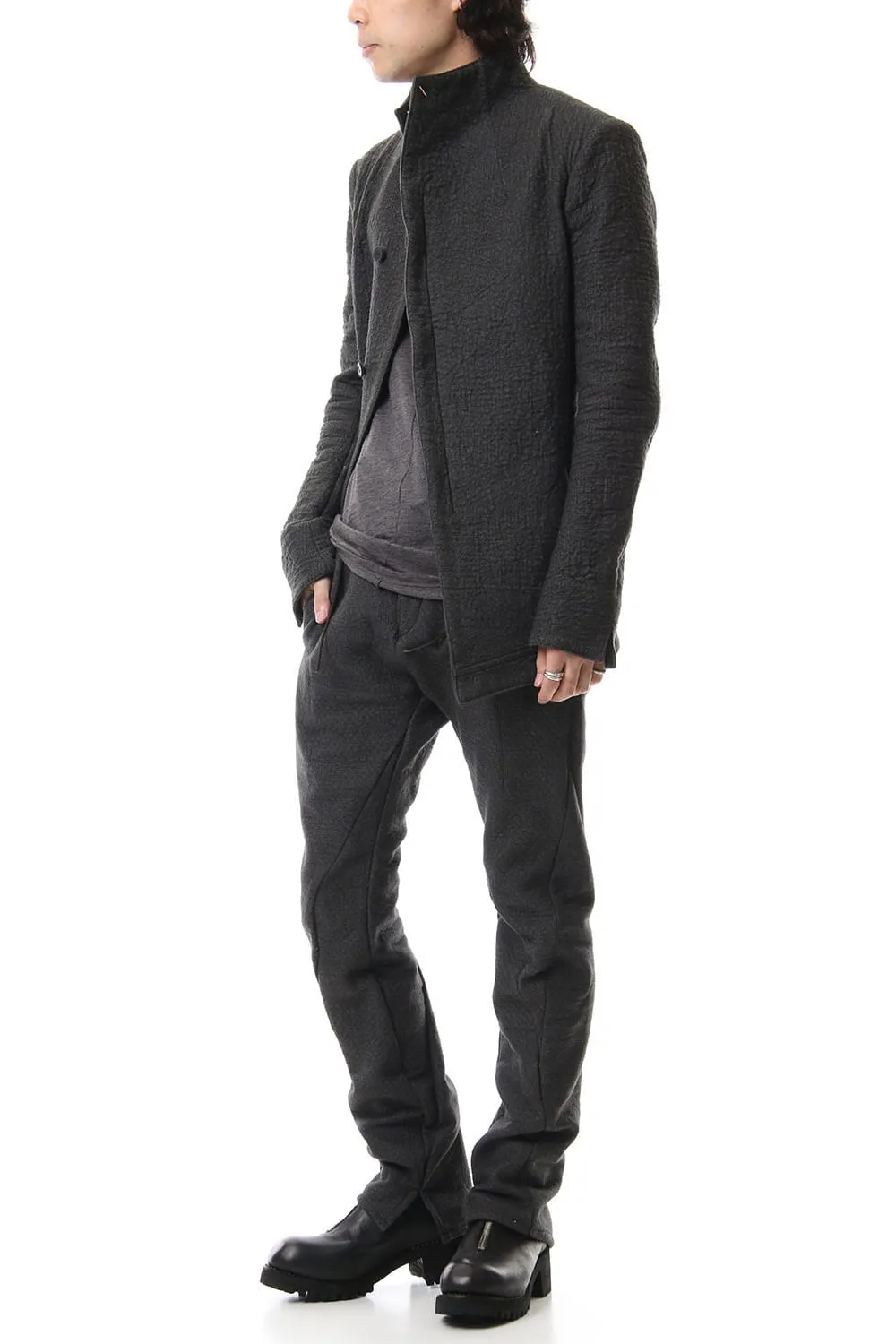 Hand dyed linen x Fleece needle punch High neck jacket Charcoal - ST104-0049A
