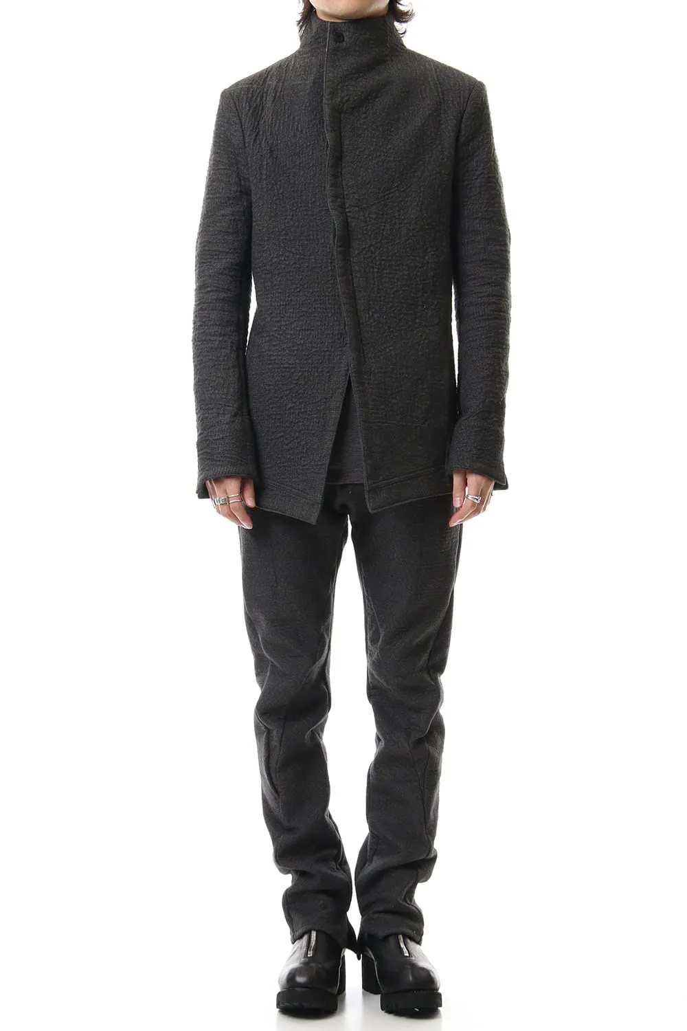 Hand dyed linen x Fleece needle punch High neck jacket Charcoal - ST104-0049A