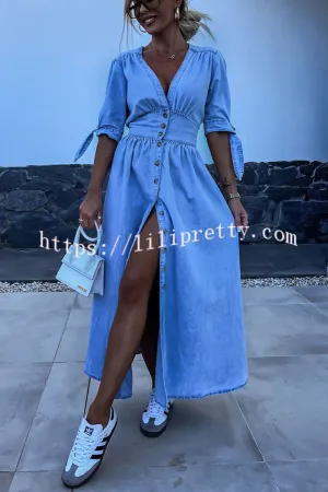 In A Fun Way Denim Puff Tie-up Sleeve Button Midi Dress