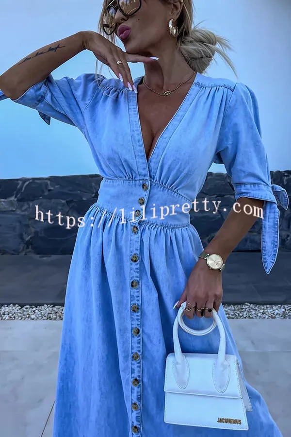 In A Fun Way Denim Puff Tie-up Sleeve Button Midi Dress