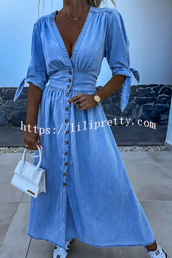 In A Fun Way Denim Puff Tie-up Sleeve Button Midi Dress