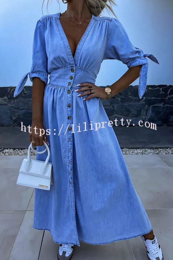 In A Fun Way Denim Puff Tie-up Sleeve Button Midi Dress