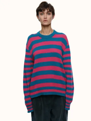 Jenn Striped Crewneck in Brushed Recycled Cashmere & Recycled Wool - Turquoise