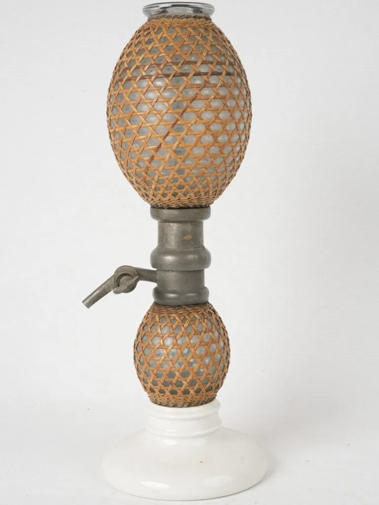 Late 19th Century French Soda Siphon w/ Cane Cover & Pewter Spigot 17¾"