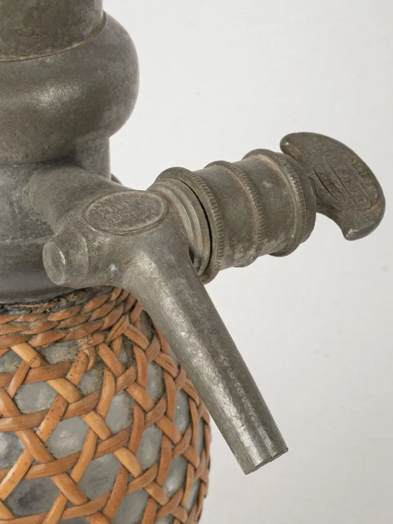 Late 19th Century French Soda Siphon w/ Cane Cover & Pewter Spigot 17¾"
