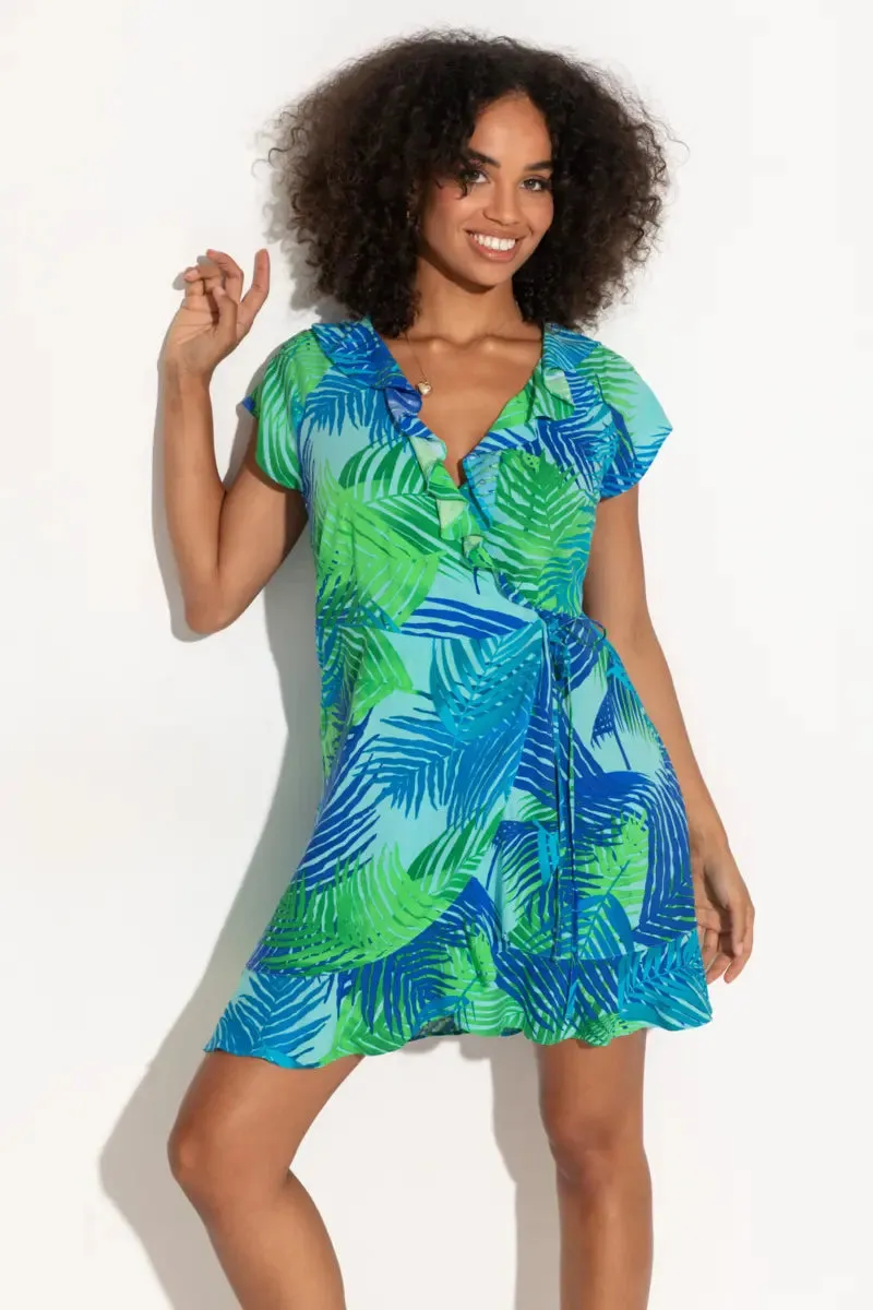 Lenzing Ecovero Viscose Frill Wrap Beach Dress In Aqua Palm - Pour Moi