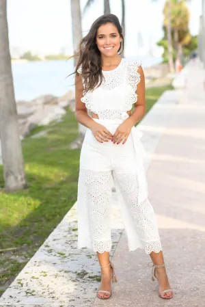 Off White Embroidered Jumpsuit with Ruffles