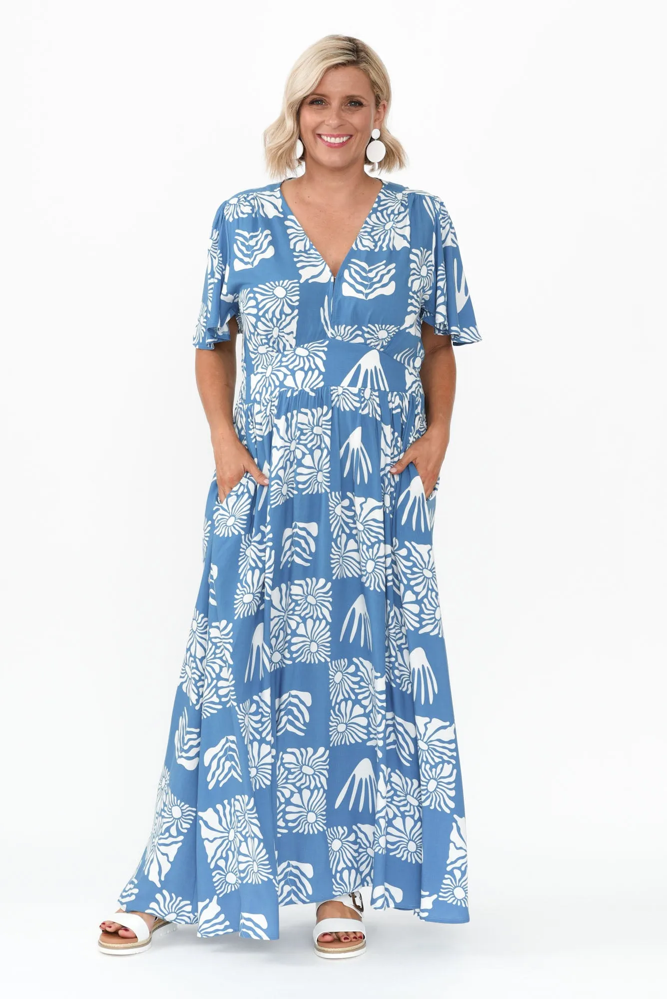 Ora Blue Floral Flutter Sleeve Dress