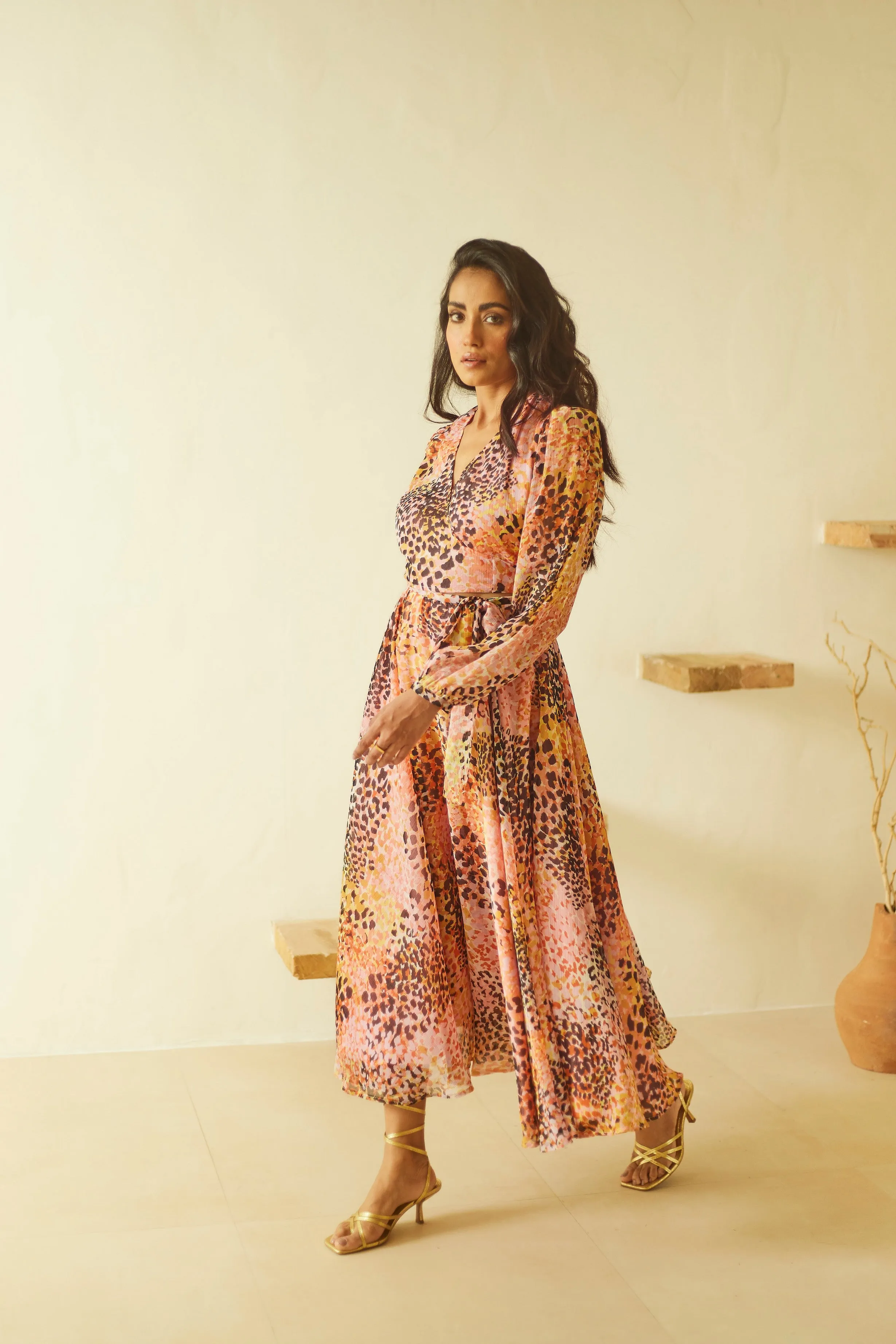 Printed Chiffon Wrap Midi Dress