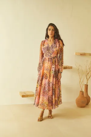 Printed Chiffon Wrap Midi Dress