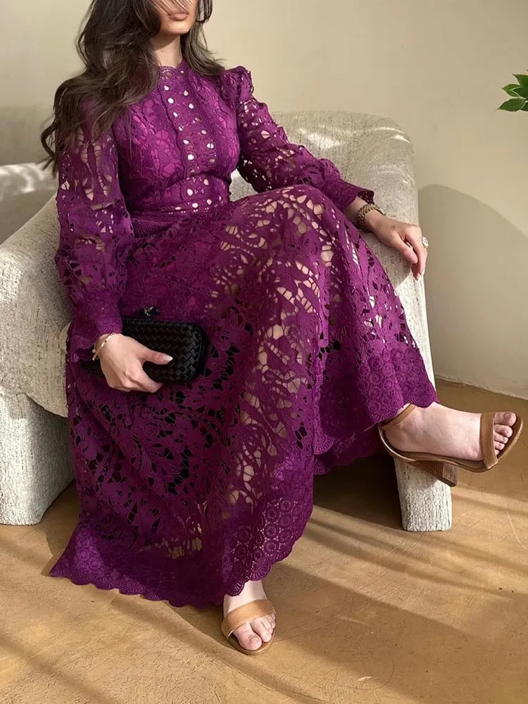 Purple Hollow Out Elegant Dress For Women Round Neck Lantern Sleeve High Waist Embroidery Dresses Female Fashion New 2024
