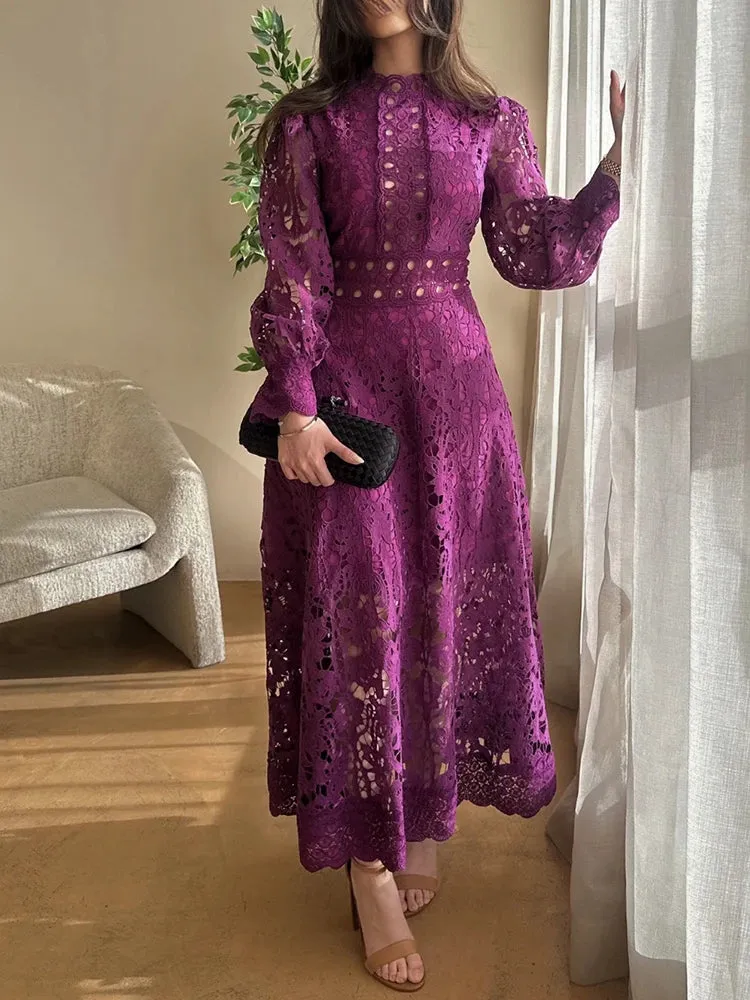 Purple Hollow Out Elegant Dress For Women Round Neck Lantern Sleeve High Waist Embroidery Dresses Female Fashion New 2024