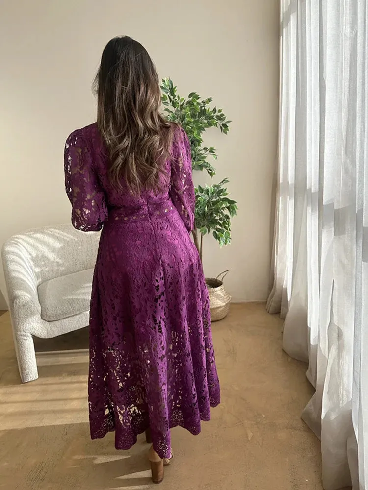 Purple Hollow Out Elegant Dress For Women Round Neck Lantern Sleeve High Waist Embroidery Dresses Female Fashion New 2024