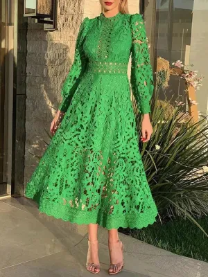 Purple Hollow Out Elegant Dress For Women Round Neck Lantern Sleeve High Waist Embroidery Dresses Female Fashion New 2024