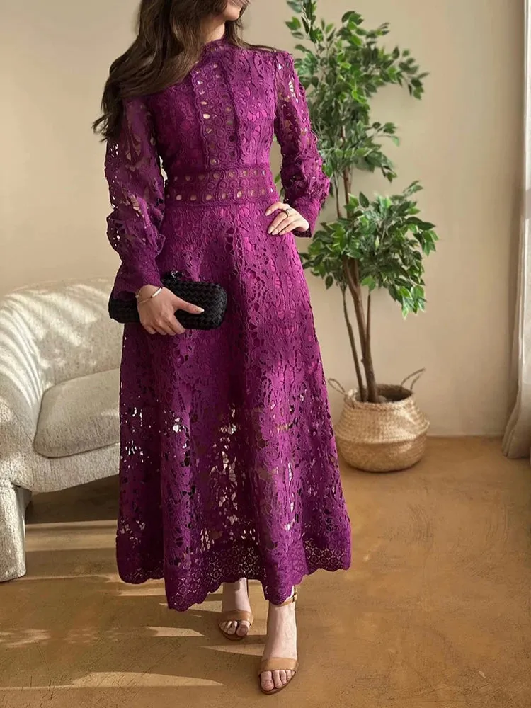 Purple Hollow Out Elegant Dress For Women Round Neck Lantern Sleeve High Waist Embroidery Dresses Female Fashion New 2024