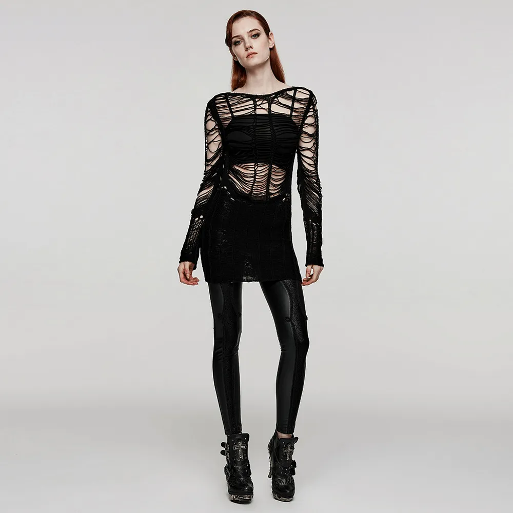 Ripped Black Gothic Punk Long Sleeve Sweater