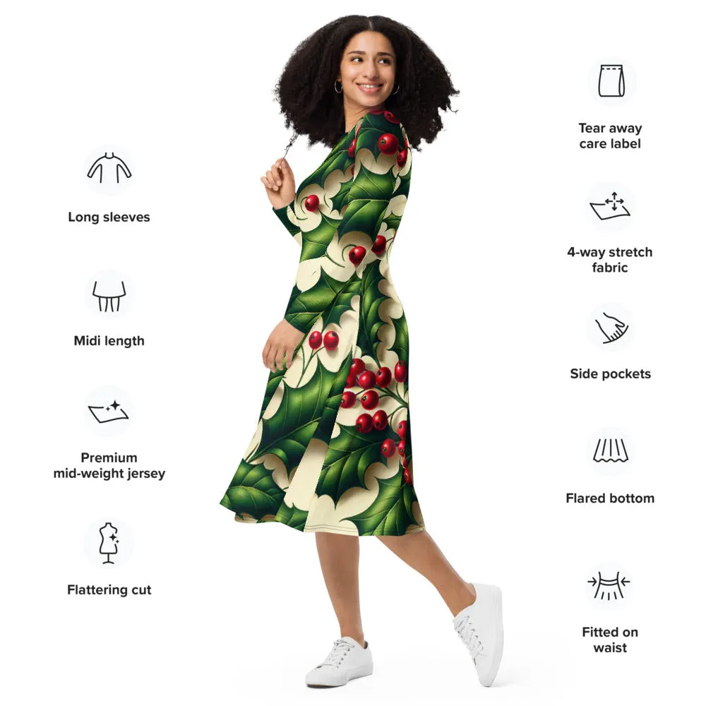 Whimsical Winter Wear Long Sleeve Midi Dress