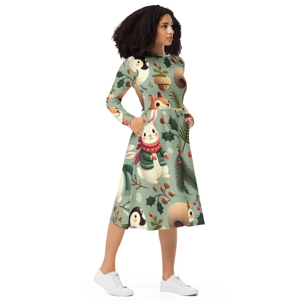 Whimsical Winter Wear Long Sleeve Midi Dress