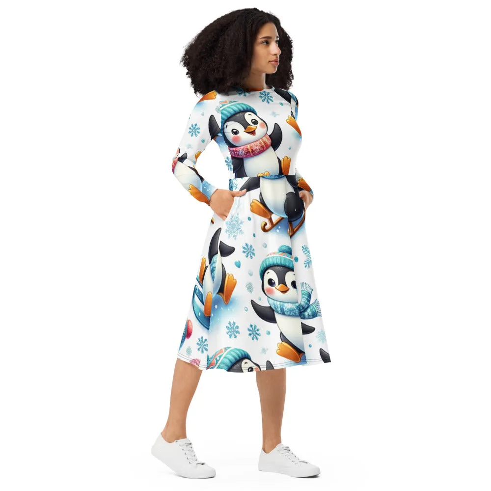 Whimsical Winter Wear Long Sleeve Midi Dress