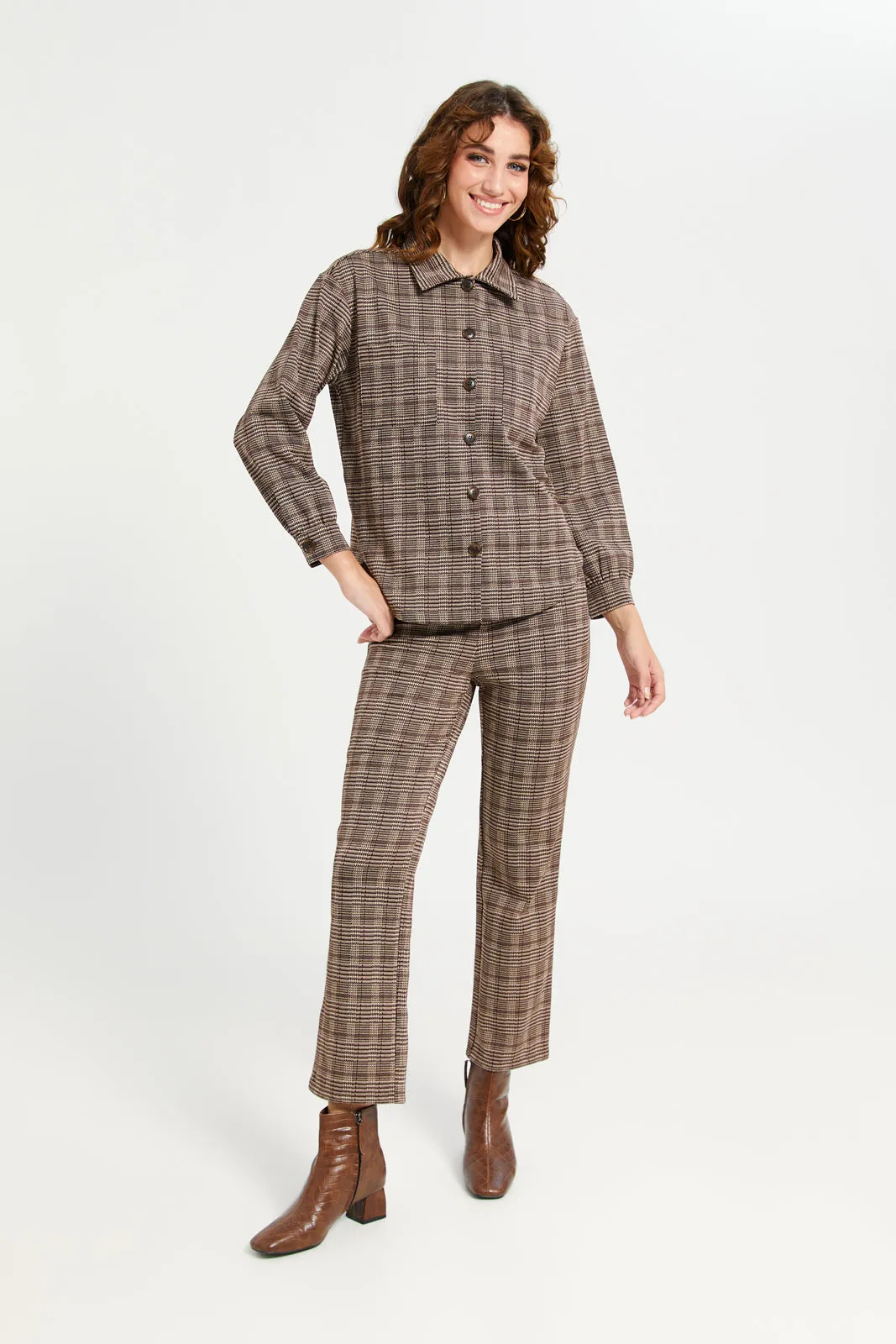 Women Brown Check Long Sleeve Shirt