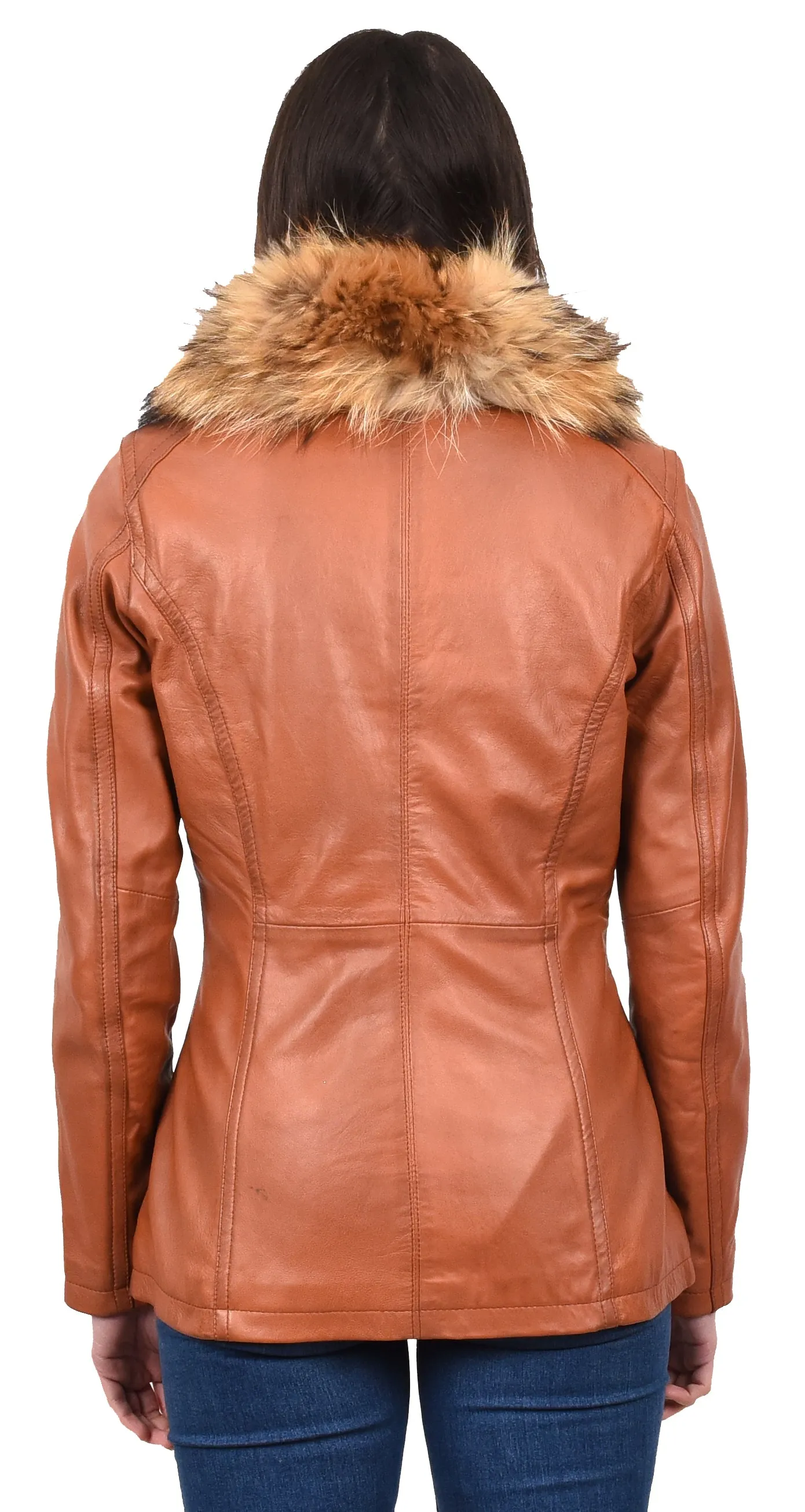 Women's Leather Jacket with Detachable Collar Cognac Allis
