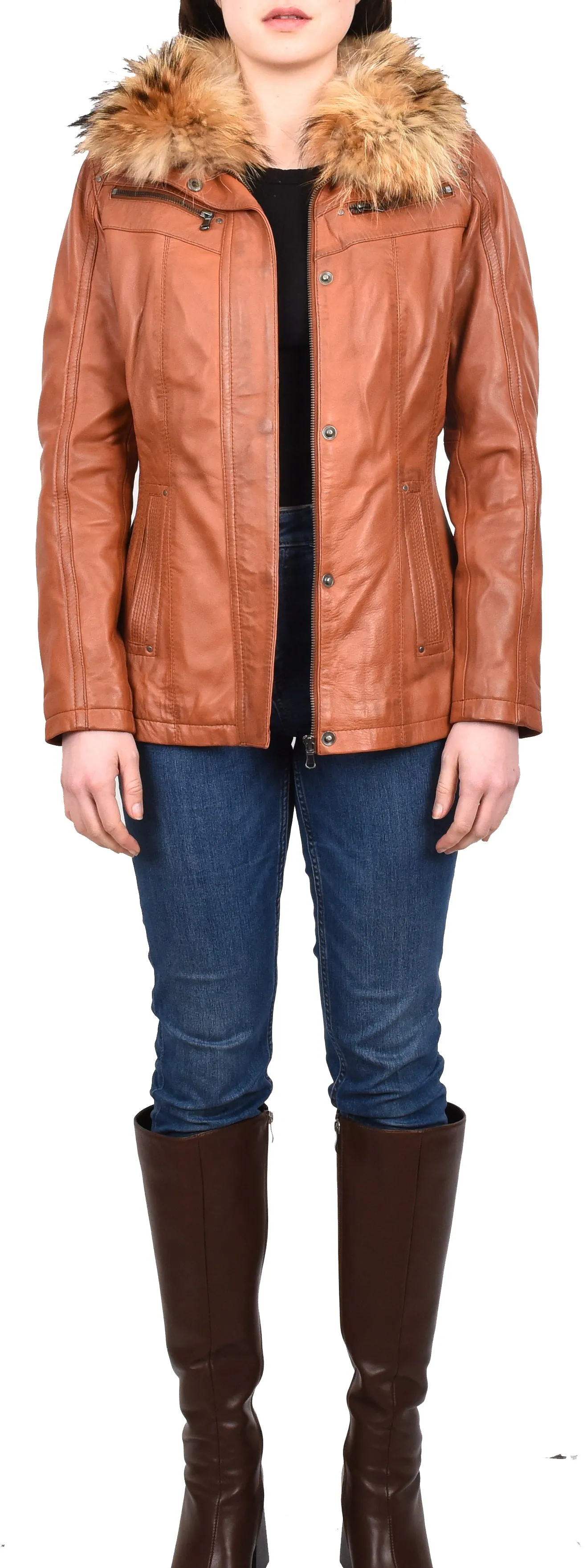Women's Leather Jacket with Detachable Collar Cognac Allis