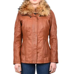 Women's Leather Jacket with Detachable Collar Cognac Allis