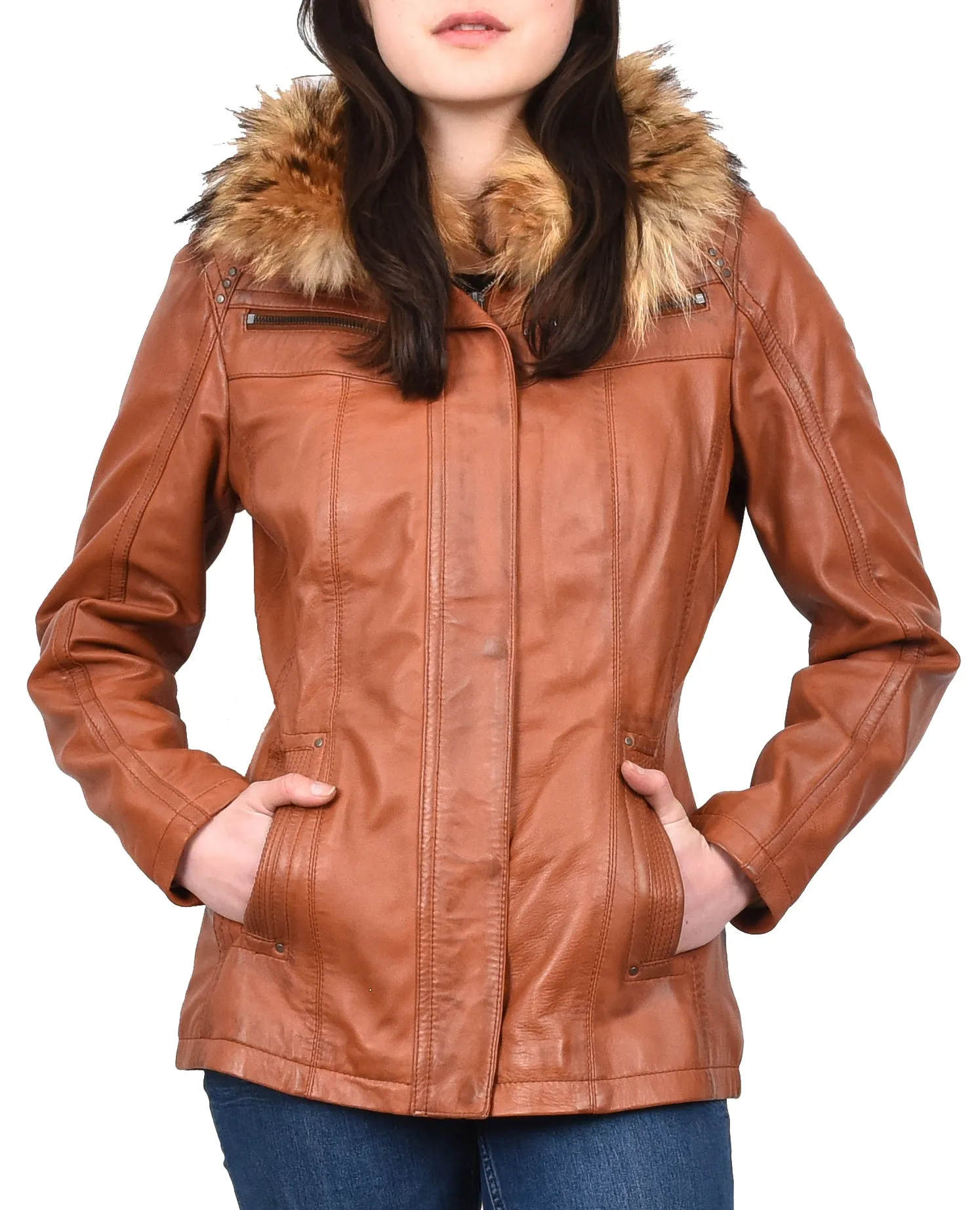 Women's Leather Jacket with Detachable Collar Cognac Allis