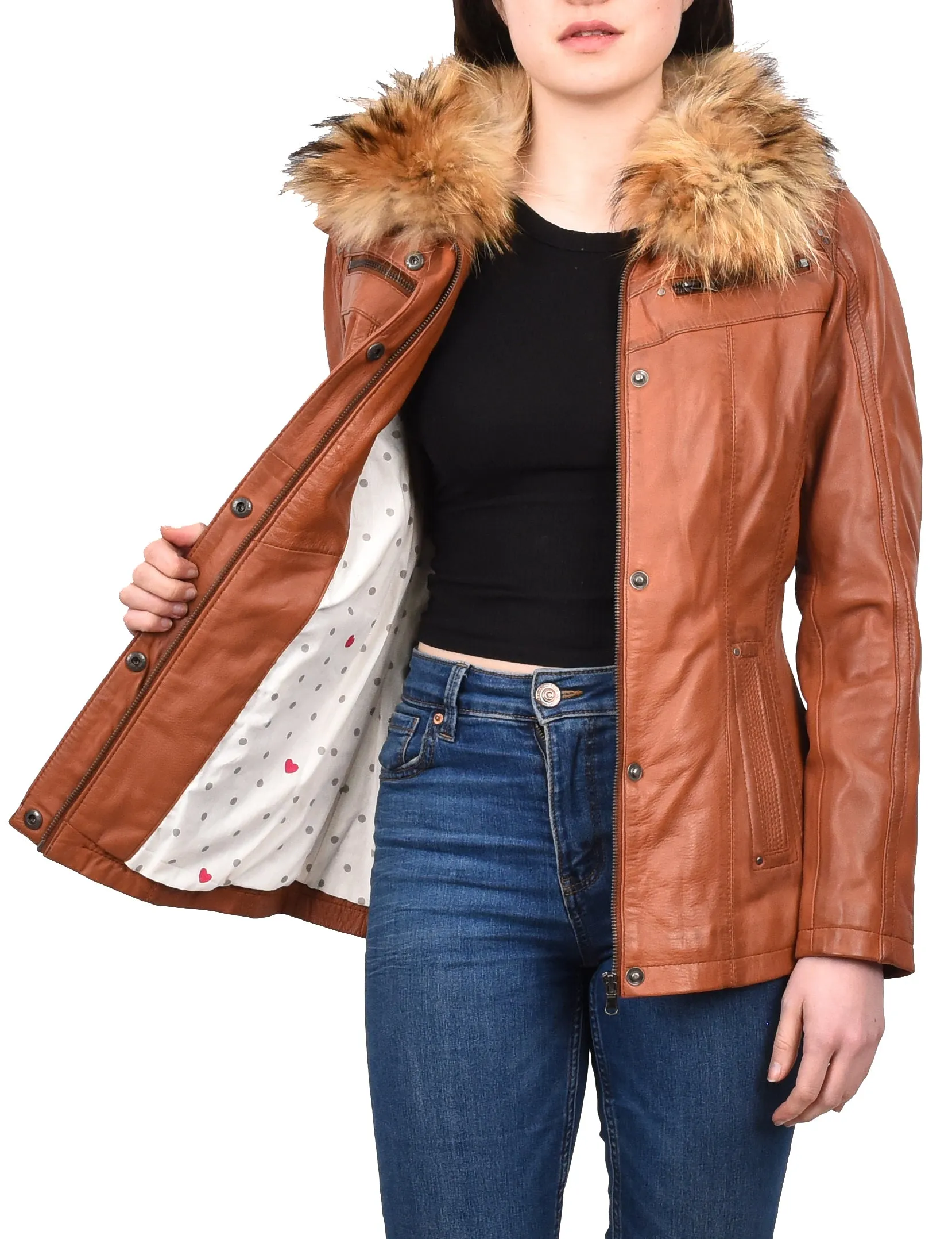 Women's Leather Jacket with Detachable Collar Cognac Allis