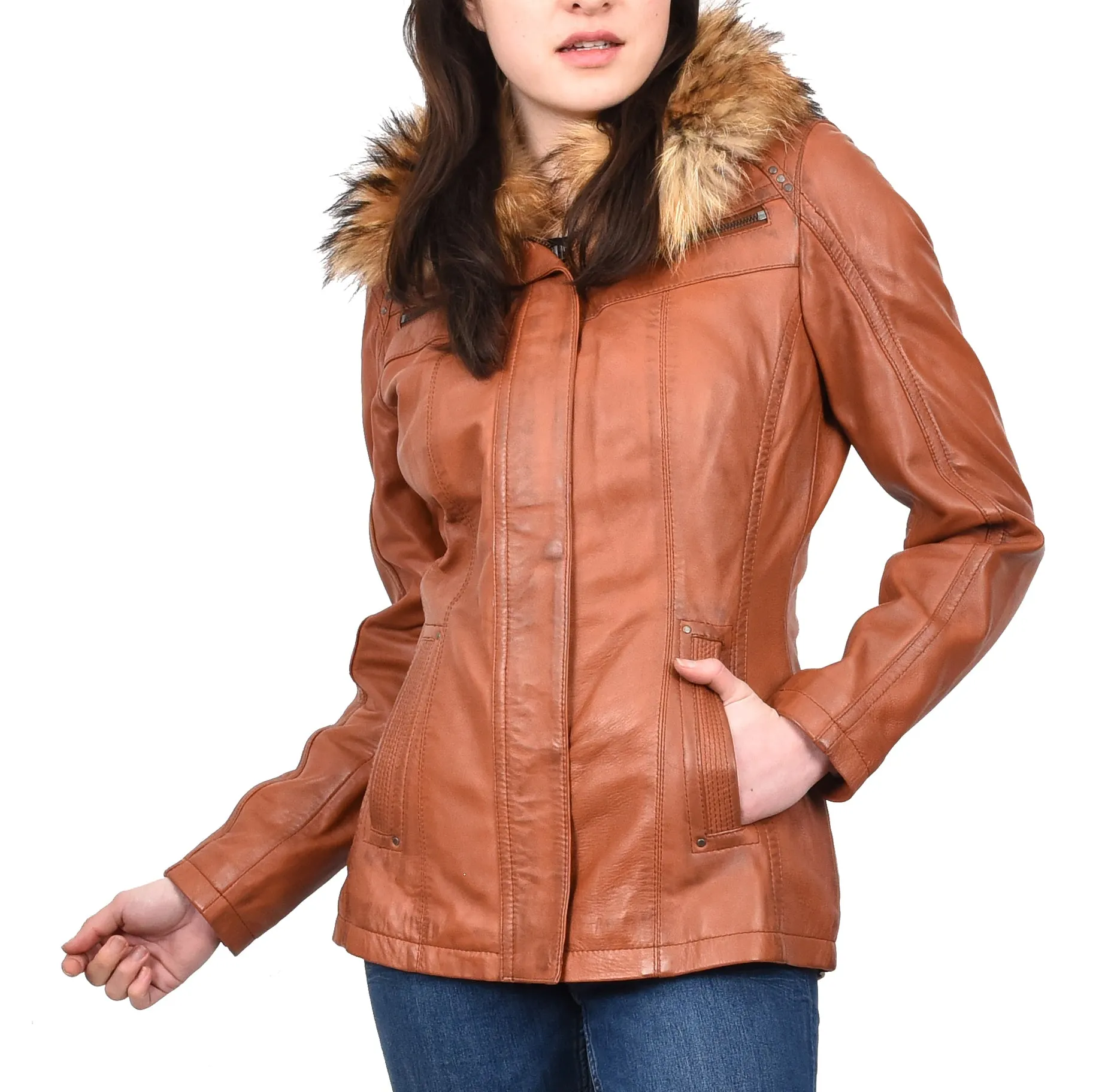 Women's Leather Jacket with Detachable Collar Cognac Allis