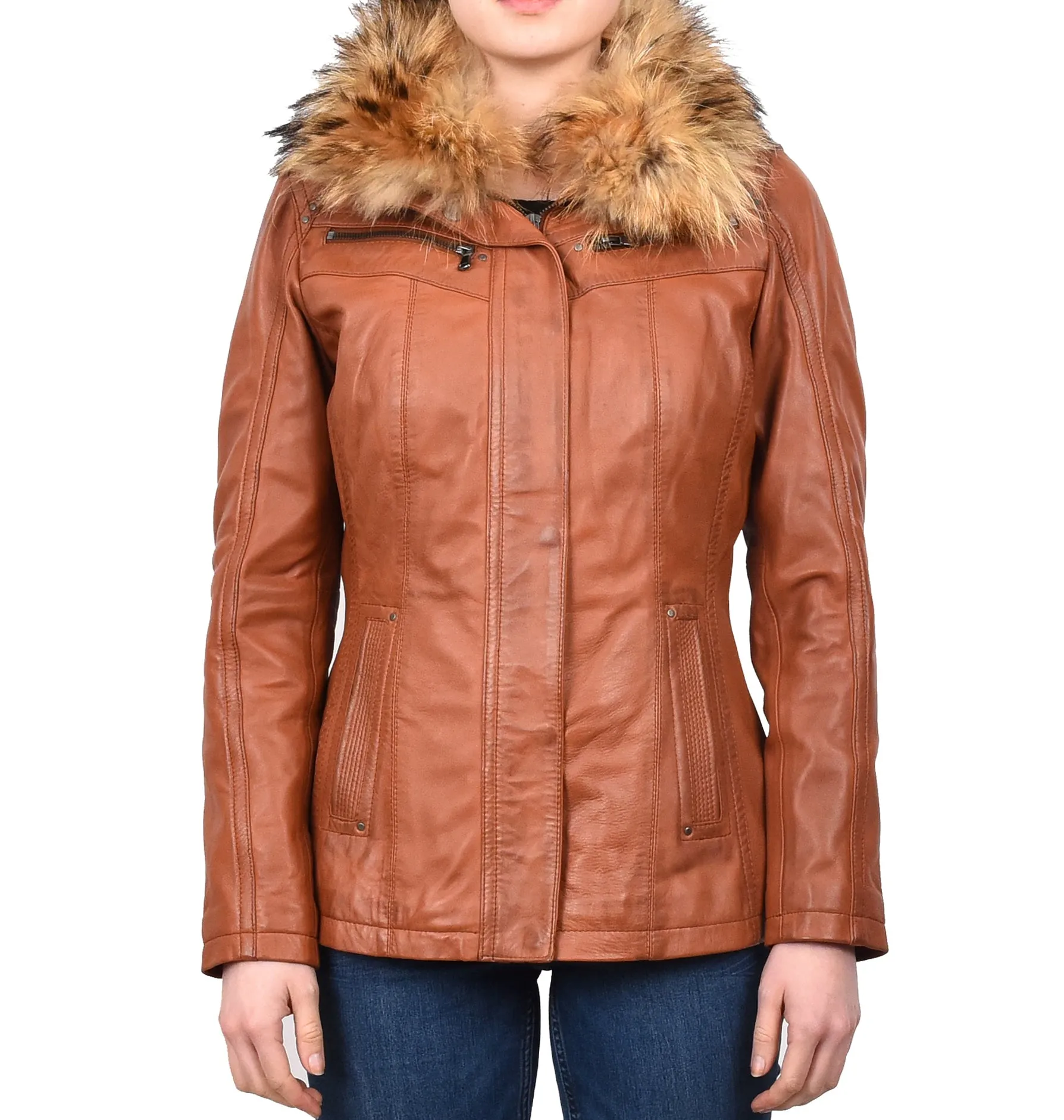 Women's Leather Jacket with Detachable Collar Cognac Allis